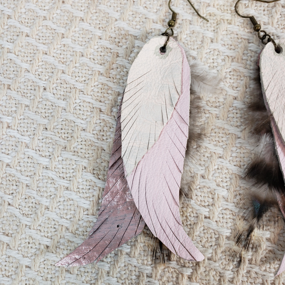 Leather Feather Dangle Earrings Blush Pink Boho - Picture 2 of 4